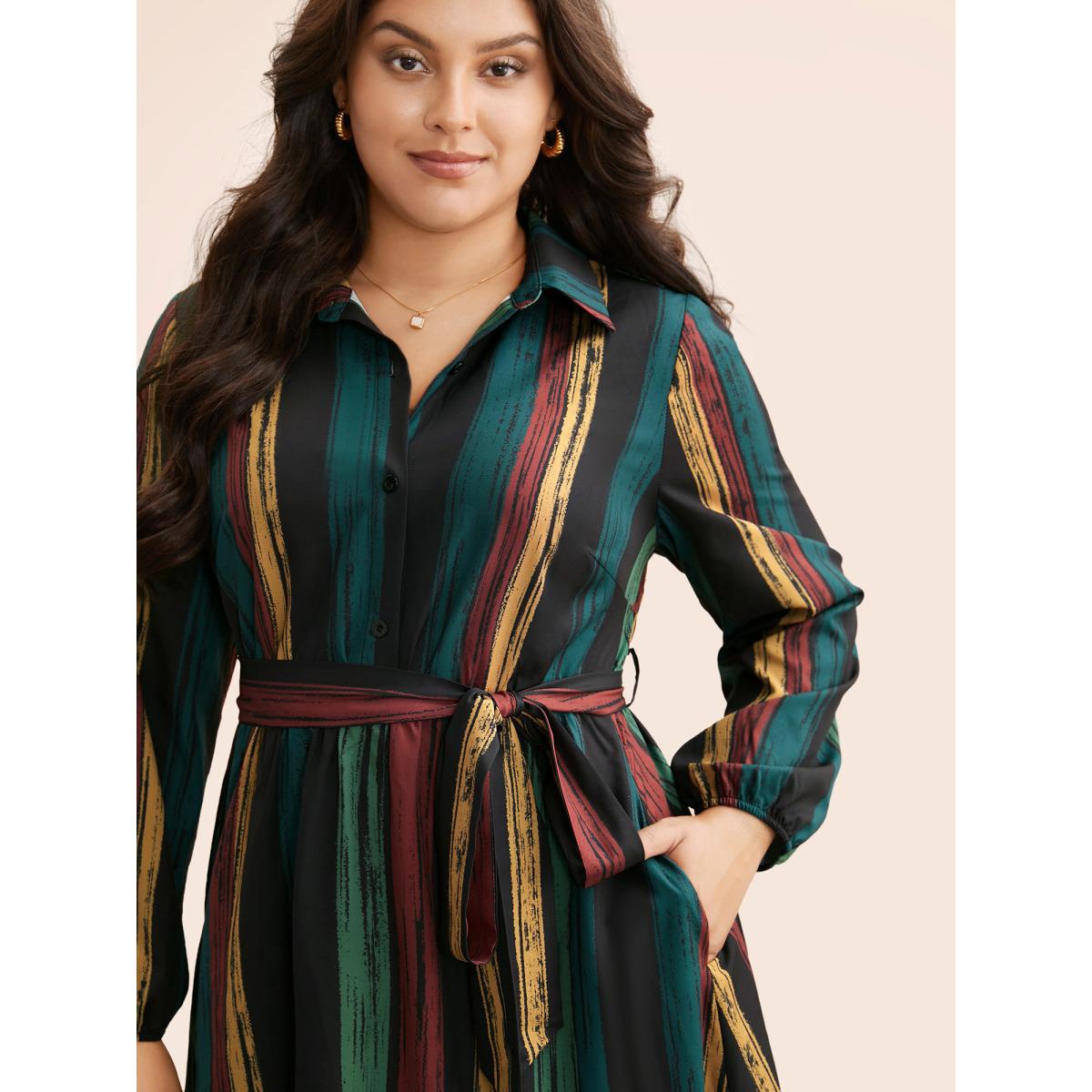 Plus Size Colored Striped Belted Lantern Sleeve Dress Multicolor Women At the Office Belted Knit Dresses Bloomchic 30/6X Product Image