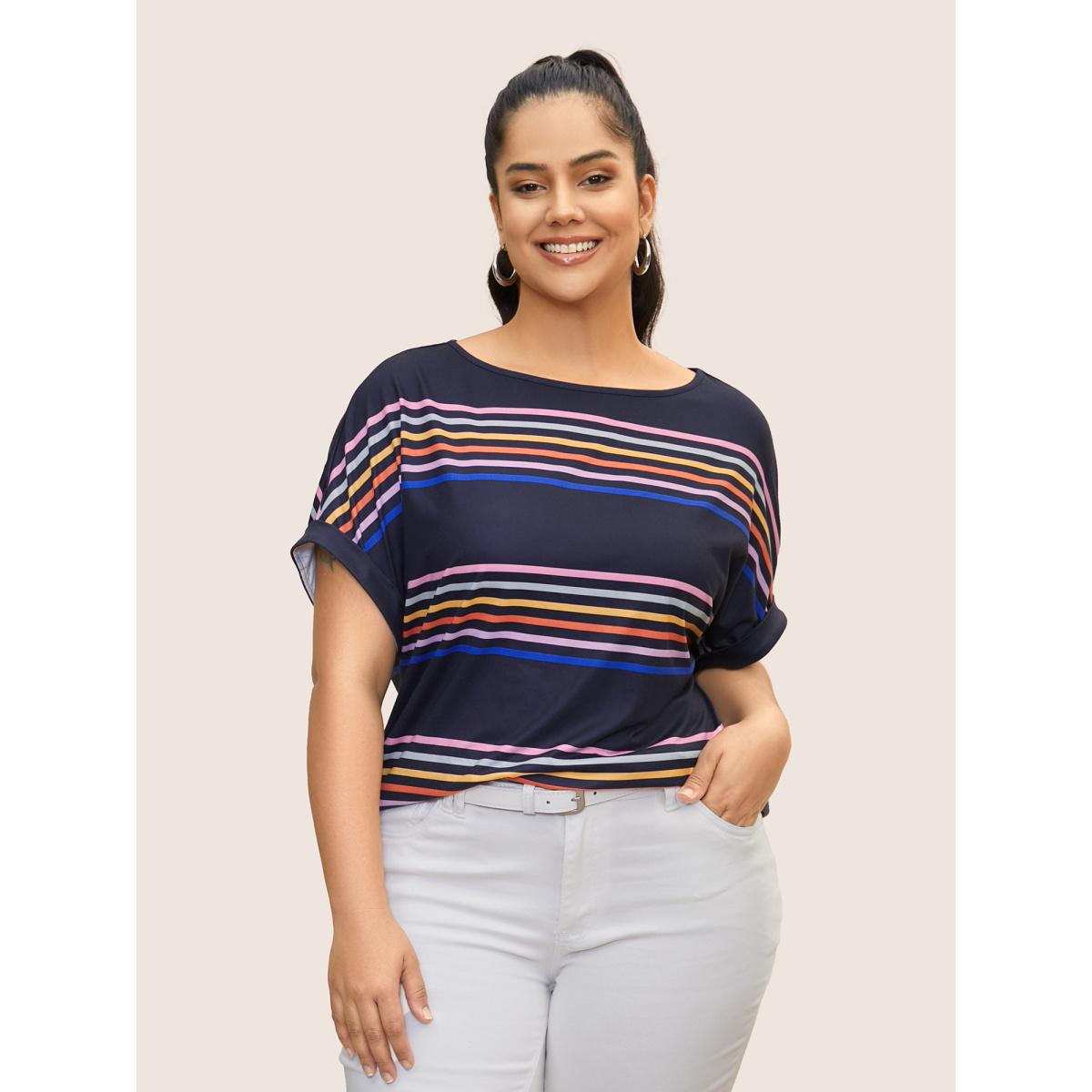 Plus Size Colored Striped Boat Neck Batwing Sleeve T-shirt Indigo Women Casual Contrast Boat Neck Everyday T-shirts BloomChic 28/5X Product Image