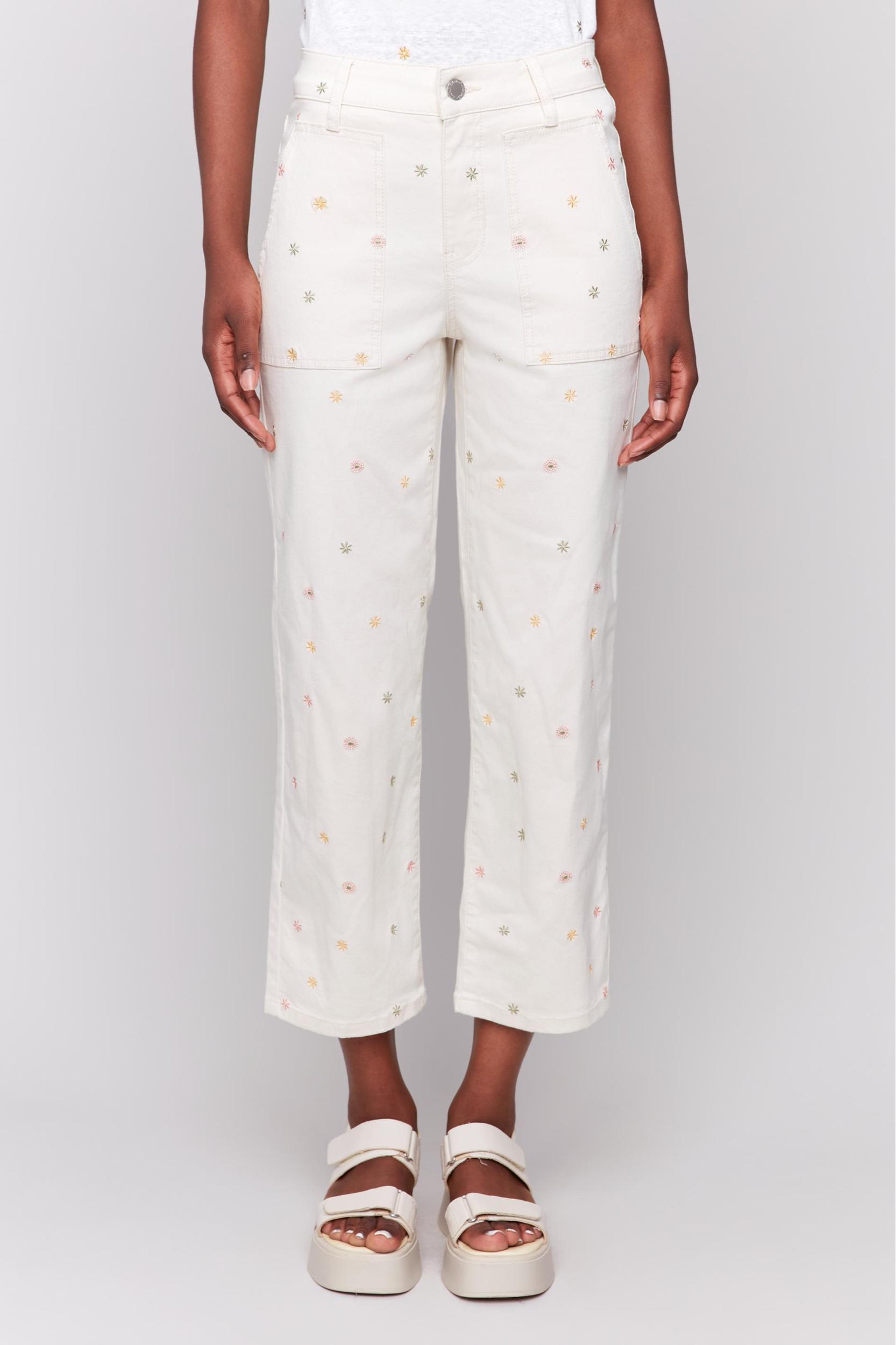White Flower Embroidered Pocket Pant Product Image