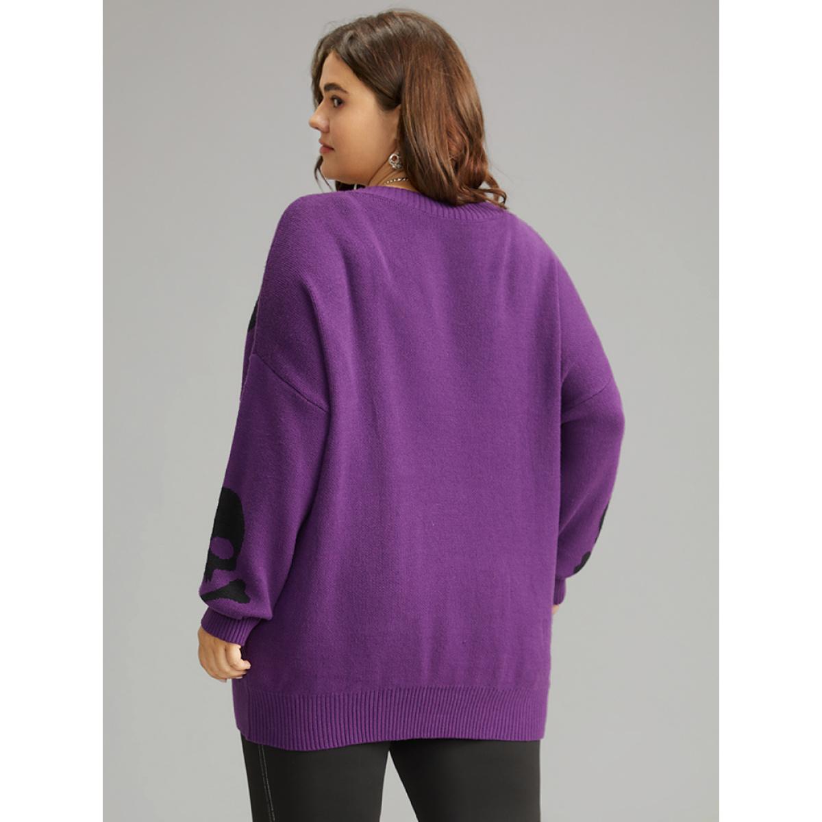Plus Size Supersoft Essentials Halloween Skull Print V Neck Pullover Purple Women Casual Long Sleeve V-neck Festival-Halloween Pullovers BloomChic 18-20/2X Product Image