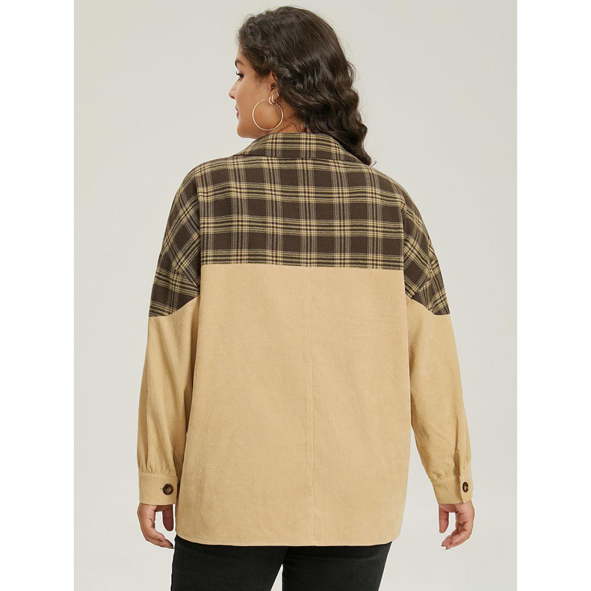 Plus Size Plaid Button Through Patchwork Contrast Jacket Women Tan Contrast Dailywear Jackets BloomChic 28/5X Product Image