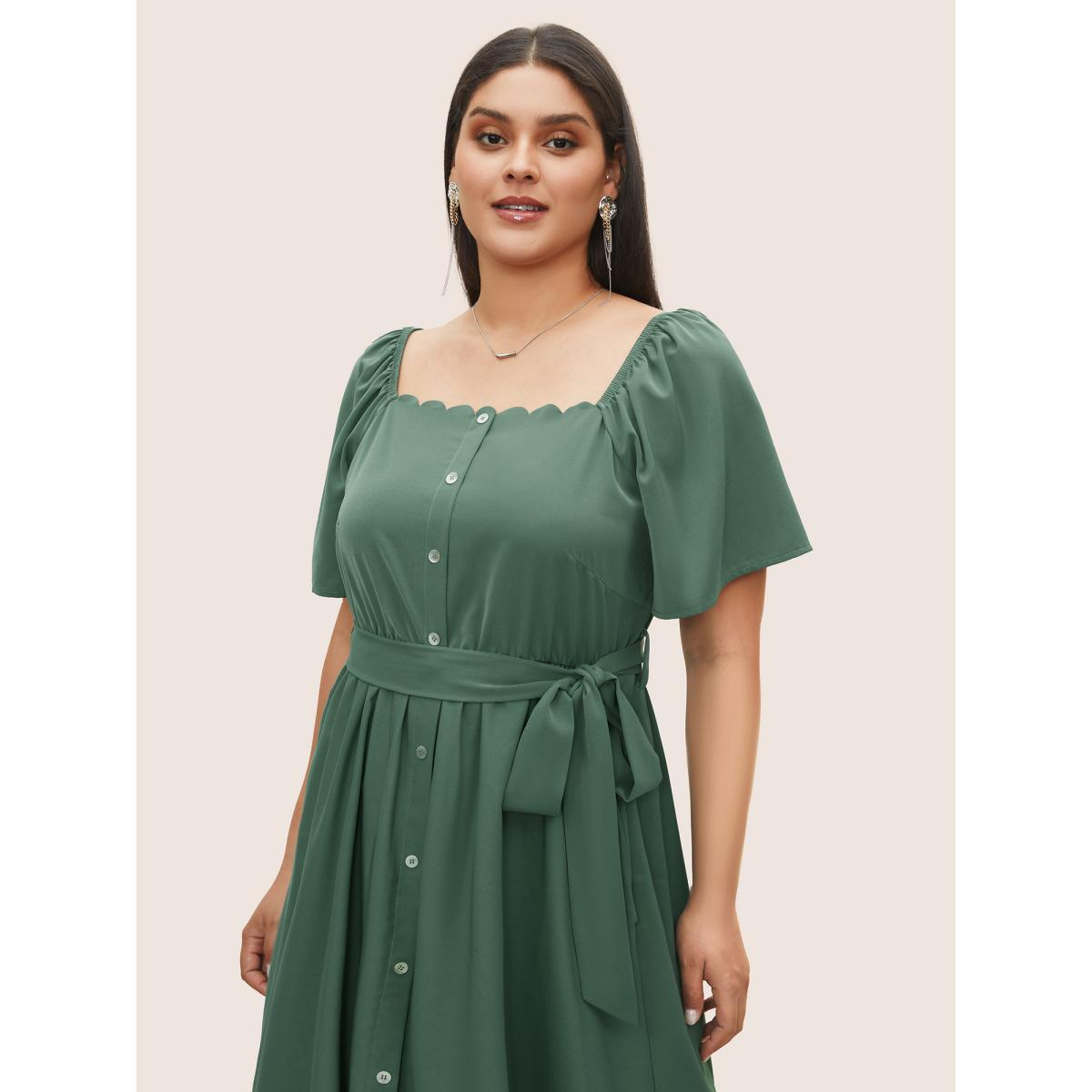 Plus Size Anti-Wrinkle Square Neck Scalloped Trim Ruffle Sleeve Dress Cyan Women At the Office Belted Square Neck Short sleeve Curvy Midi Dress BloomChic 14-16/1X Product Image