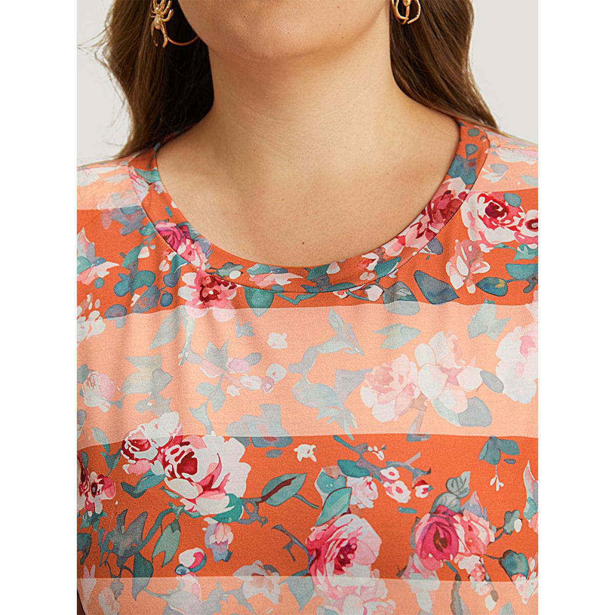Plus Size Halloween Floral Print Striped Crew Neck T-shirt Multicolor Women Casual Printed Plants Round Neck Festival-Halloween T-shirts BloomChic 22-24/3X Product Image