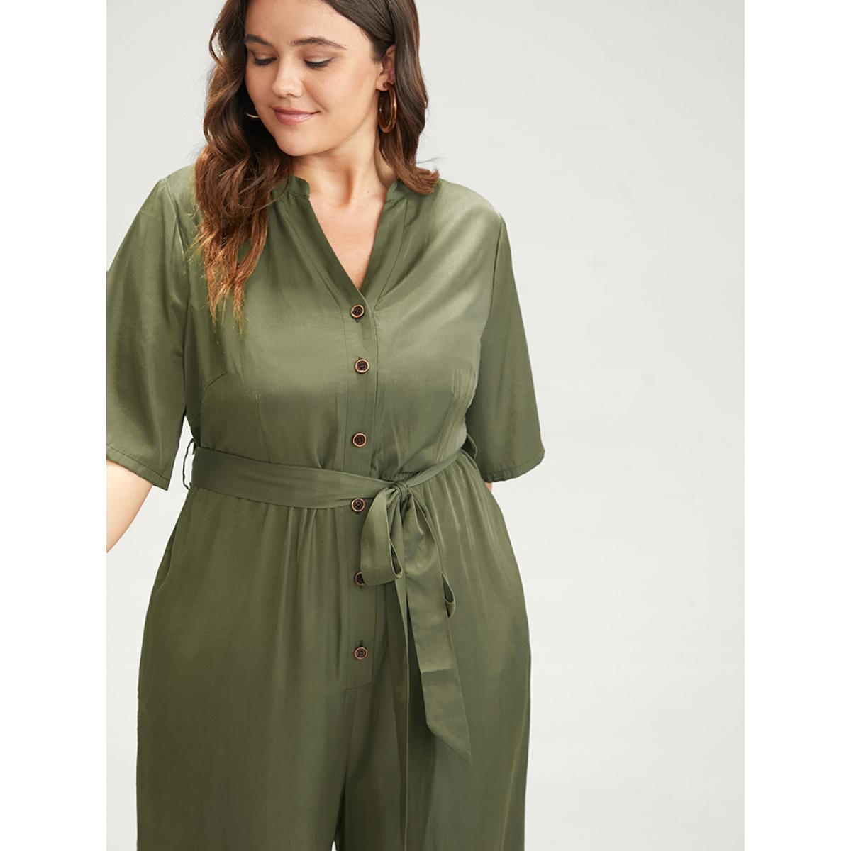 Plus Size ArmyGreen Solid Pocket Button Belted Jumpsuit Women Office Half Sleeve Stand-up collar Office Loose Jumpsuits BloomChic 12/L Product Image