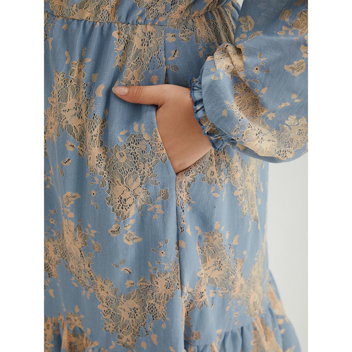 Plus Size Contrast Lace Panel Frill Trim Lantern Sleeve Dress Aegean Women Vacation Elastic cuffs Square Neck Long Sleeve Curvy Midi Dress BloomChic 12/L Product Image