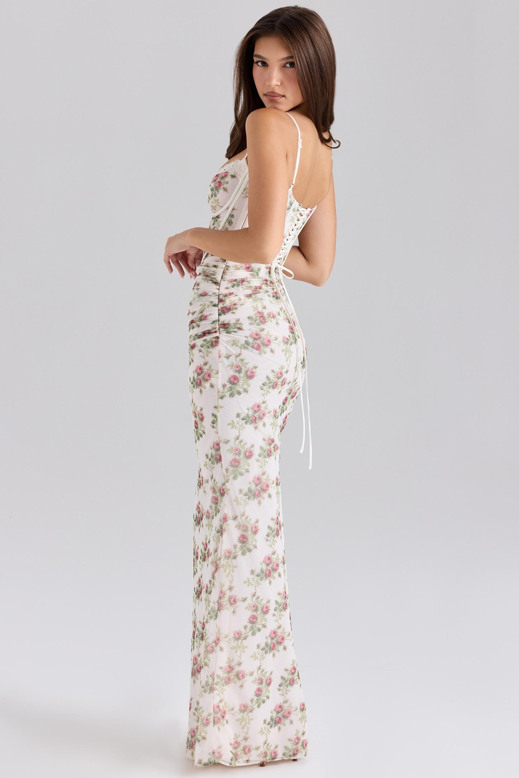 Calista  cream rose print mesh maxi dress Product Image