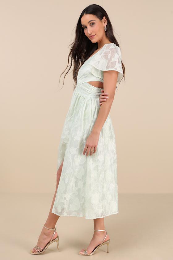 Hilly Light Mint Floral Jacquard Lace-Up Midi Dress Product Image