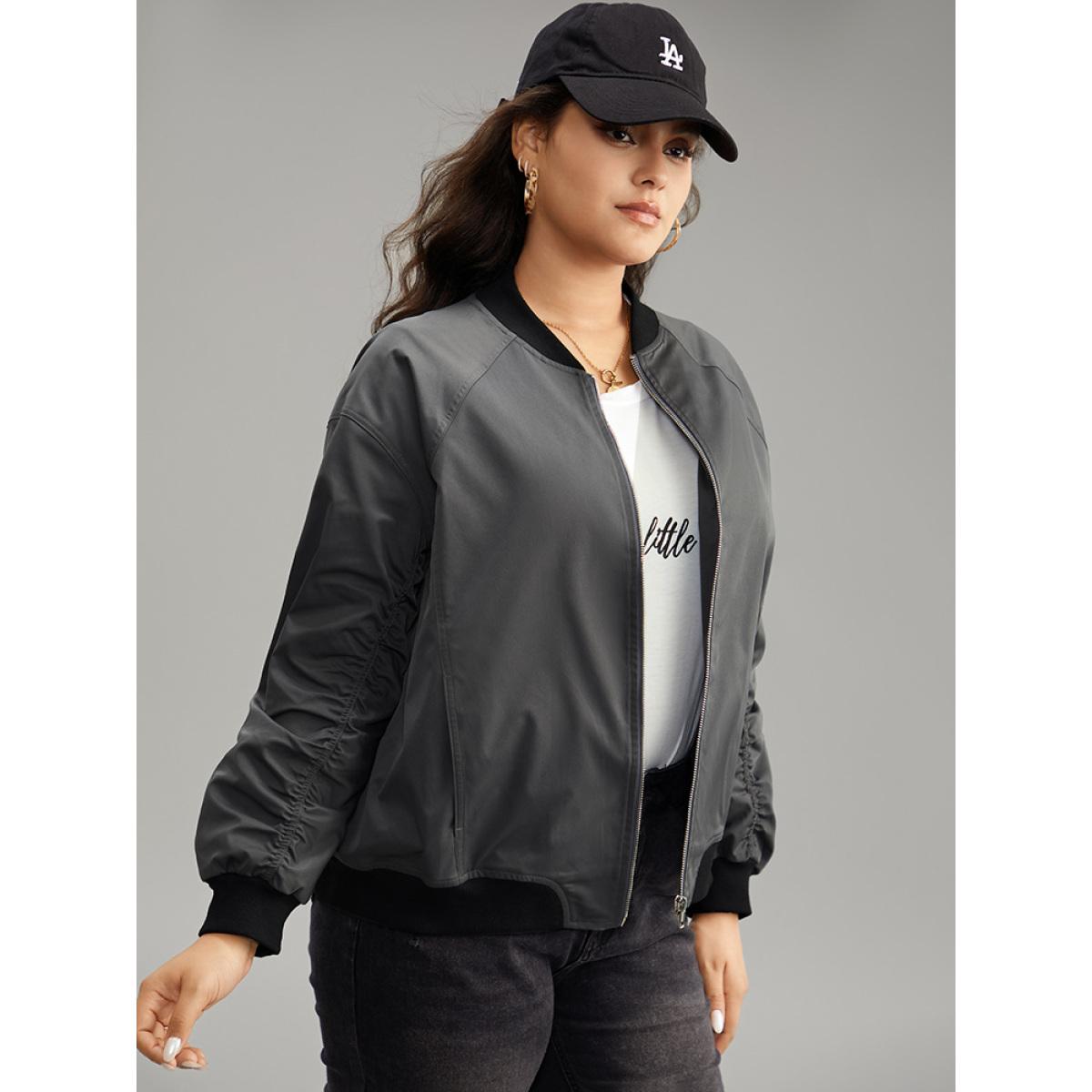 Plus Size Plain Pocket Patchwork Zipper Bomber Jacket Women DimGray Elastic cuffs Pocket Everyday Jackets BloomChic 12/L Product Image