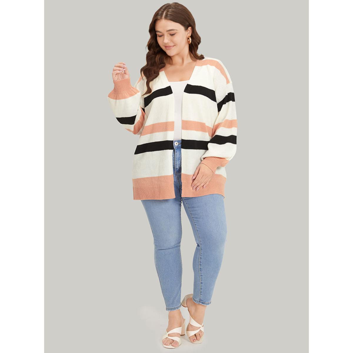 Plus Size Colorblock Contrast Elastic Cuffs Open Front Cardigan Multicolor Women Casual Loose Long Sleeve Dailywear Cardigans BloomChic 14-16/1X Product Image