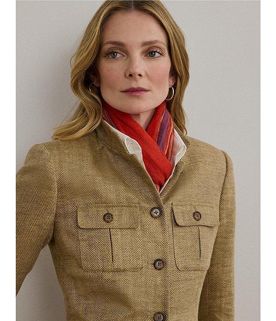 Lauren Ralph Lauren Petite Size Herringbone Linen Band Collar Long Sleeve Button Front Jacket Product Image