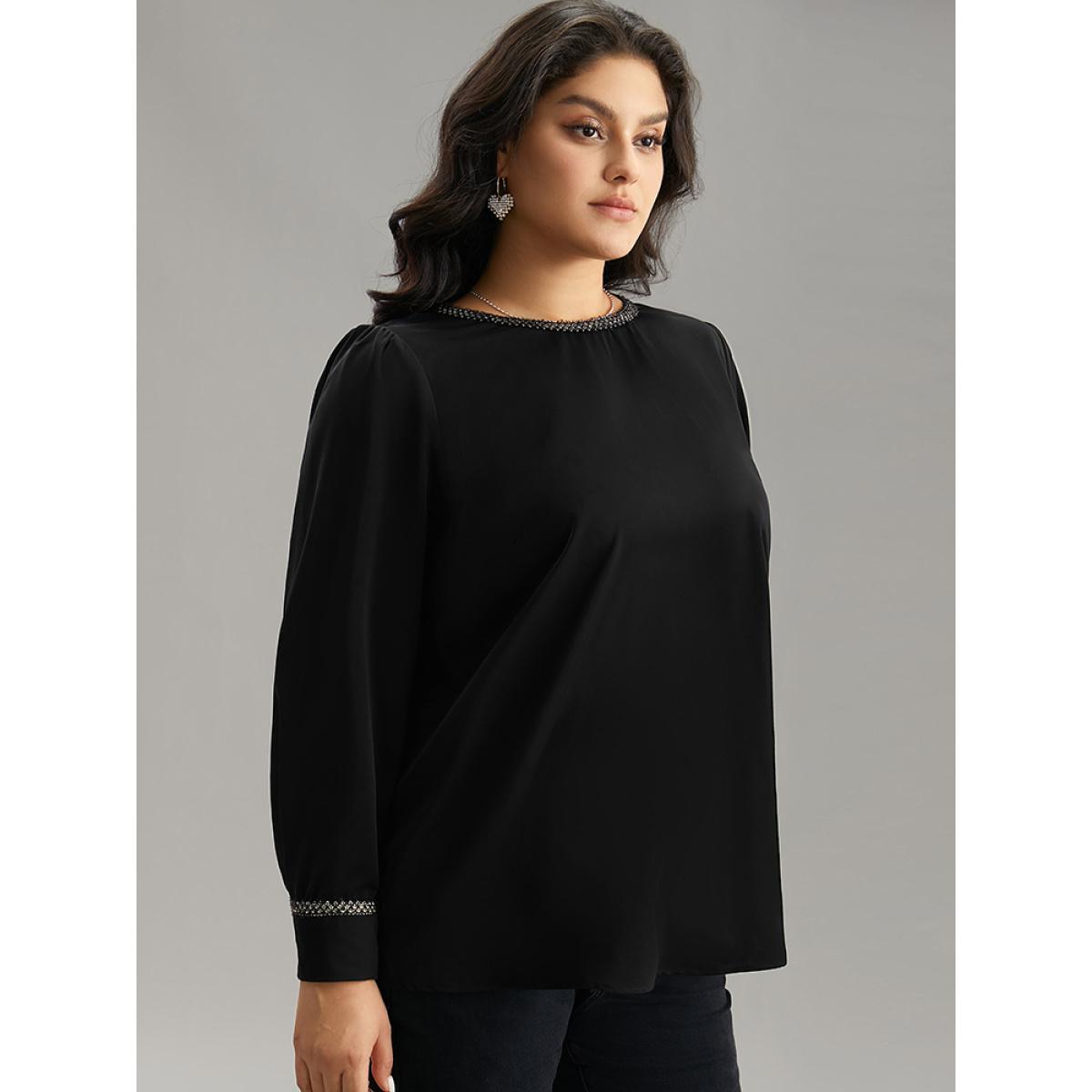 Plus Size Black Plain Contrast Webbing Crew Neck Blouse Women Office Long Sleeve Round Neck Office Blouses BloomChic 26/4X Product Image