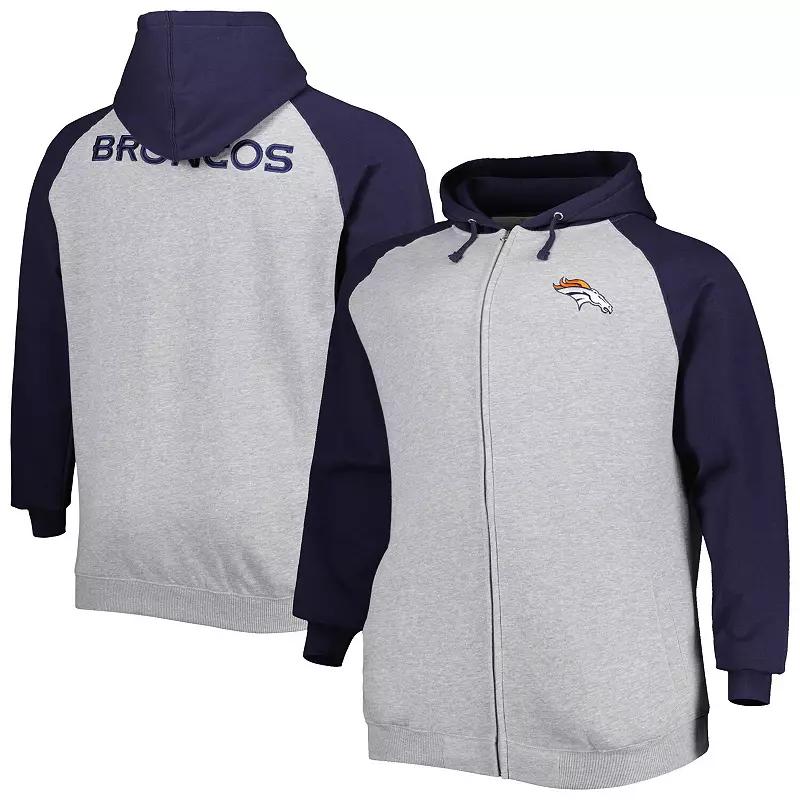 Men's Heather Gray Denver Broncos Big & Tall Fleece Raglan Full-Zip Hoodie Jacket, Size: 4XLT, Grey Product Image