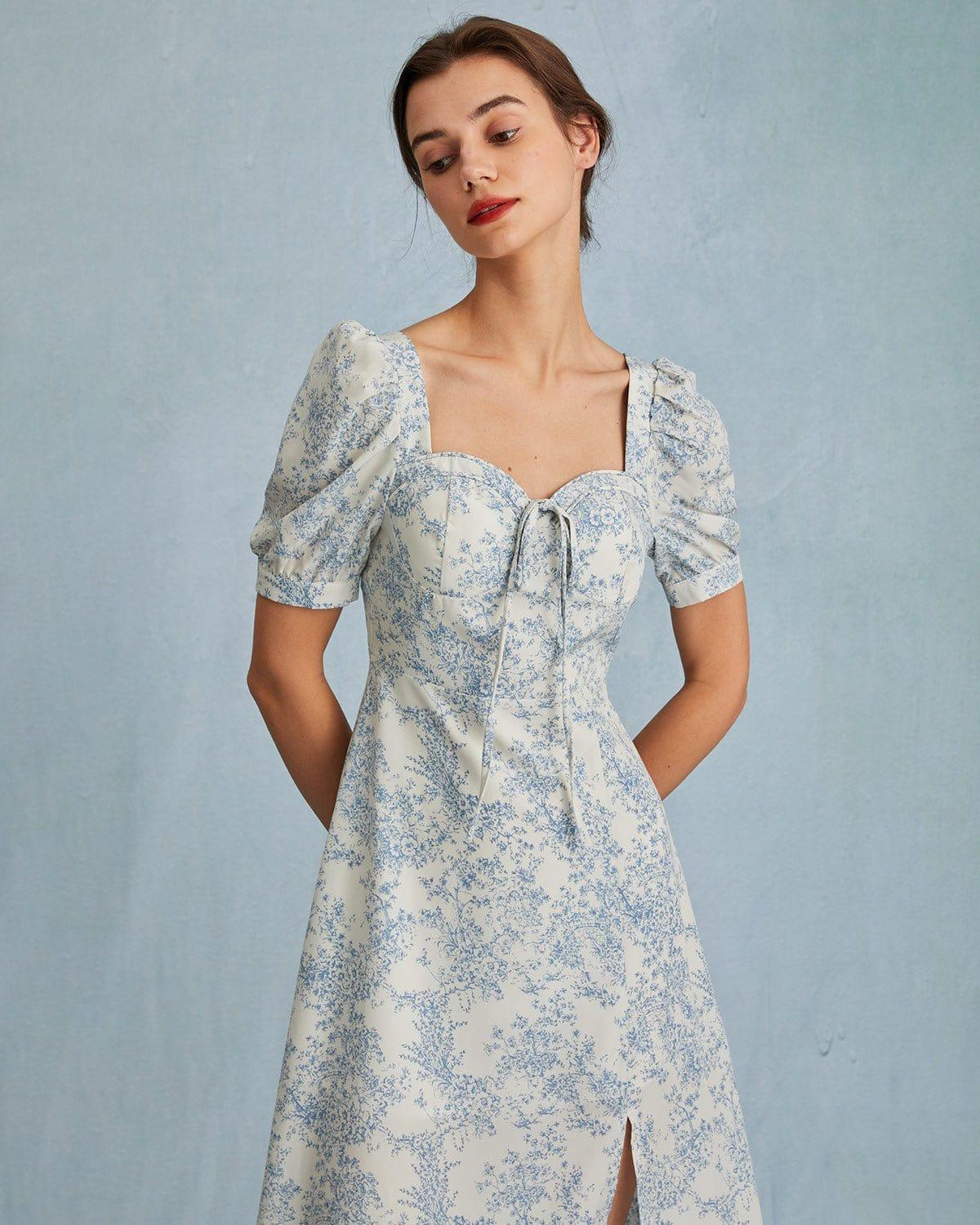 The Blue Sweetheart Neck Puff Sleeve Floral Midi Dress Product Image