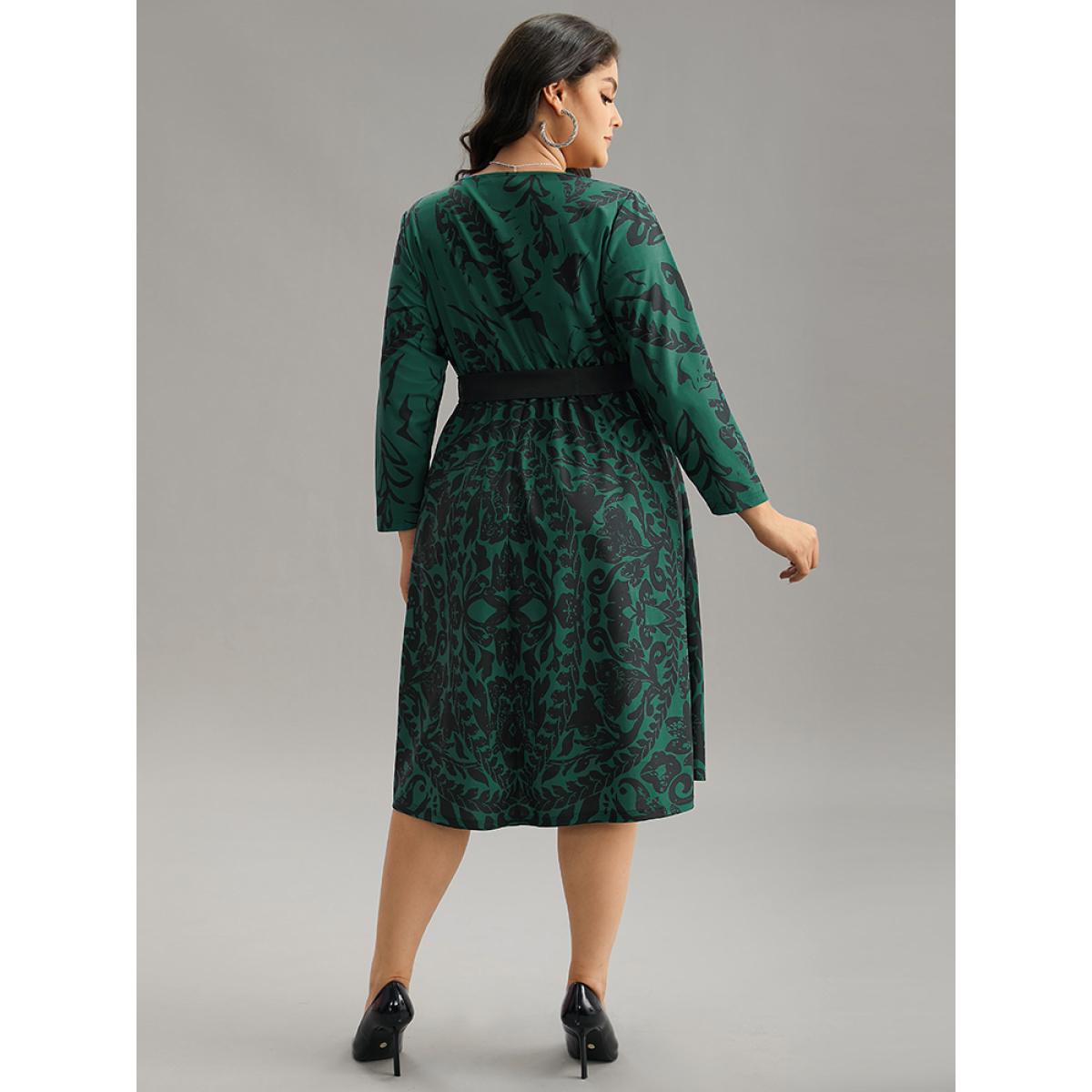 Plus Size Silhouette Floral Print Belted Wrap Dress Cyan Women Elegant Wrap Overlap Collar Long Sleeve Curvy Midi Dress BloomChic 14-16/1X Product Image
