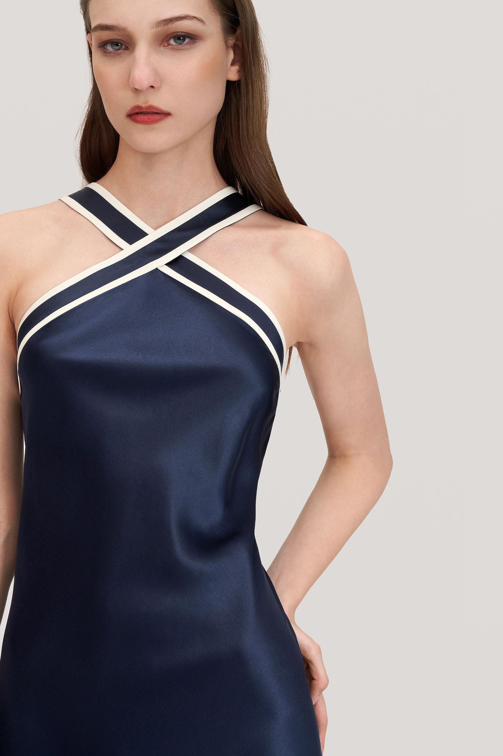 Glossy Camellia Silk Halter-Neck Dress Product Image