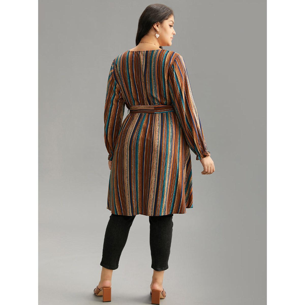 Plus Size Multicolor Striped Overlap Collar Arc Hem Belted Blouse Women Vacation Long Sleeve Overlap Collar Vacation Blouses BloomChic 30/6X Product Image