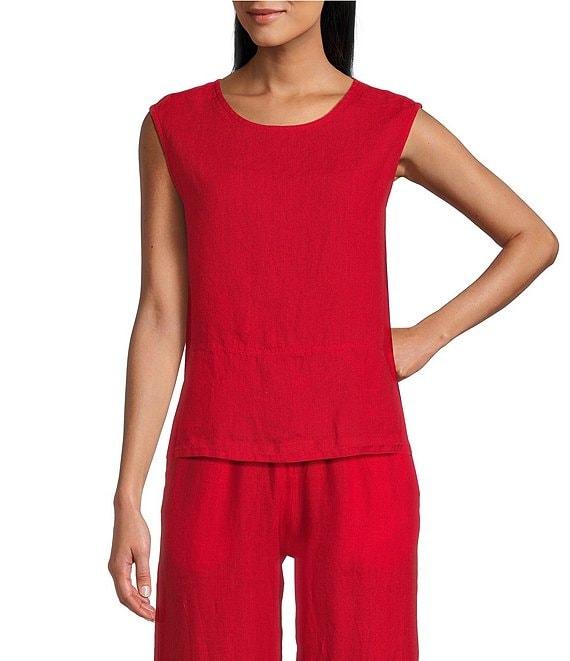 Bryn Walker Light Linen Round Neck Sleeveless Side Slit Tank Product Image