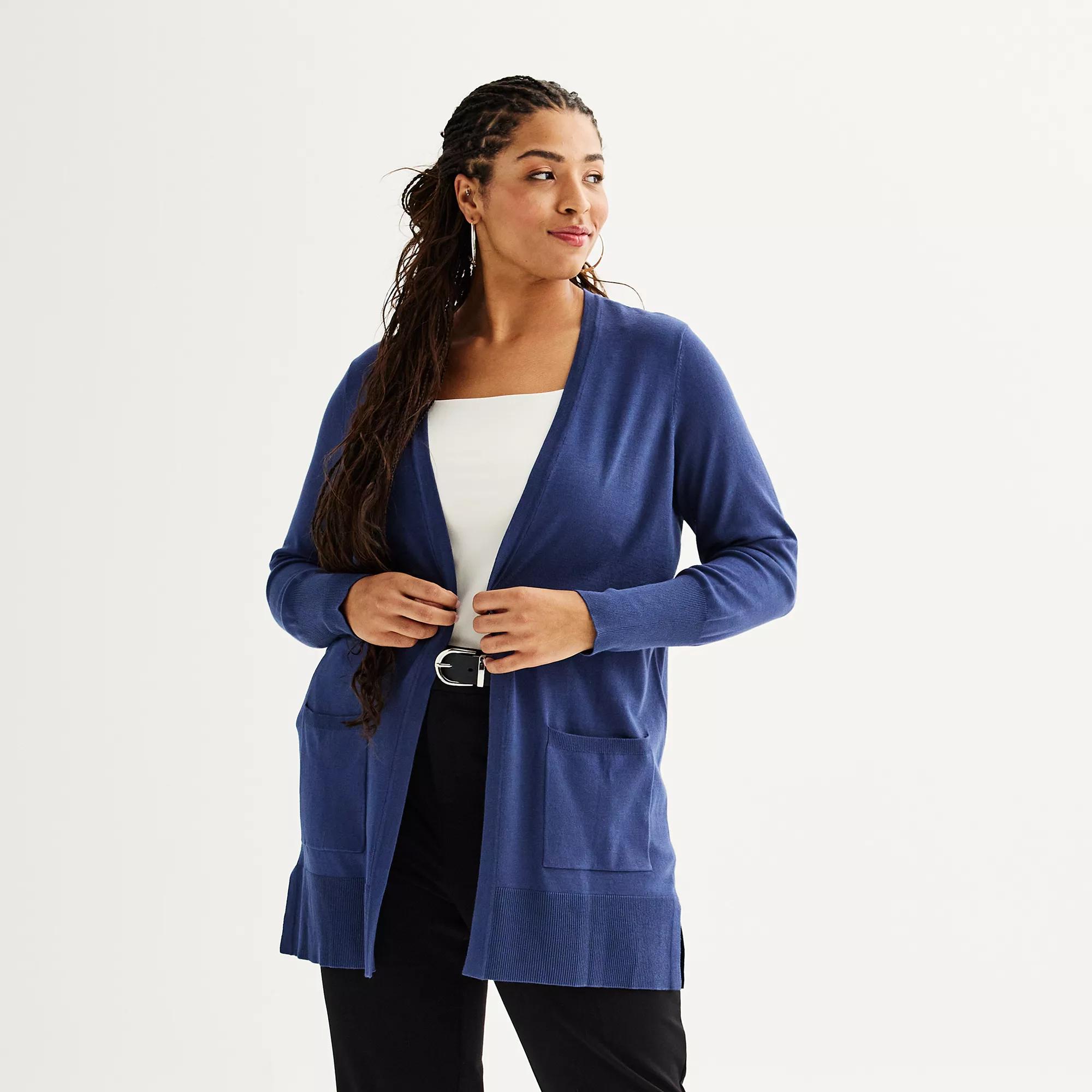 Plus Size Nine West Essential Pocketed Cardigan, Women's, Size: 5XL, Resolute Blue Product Image