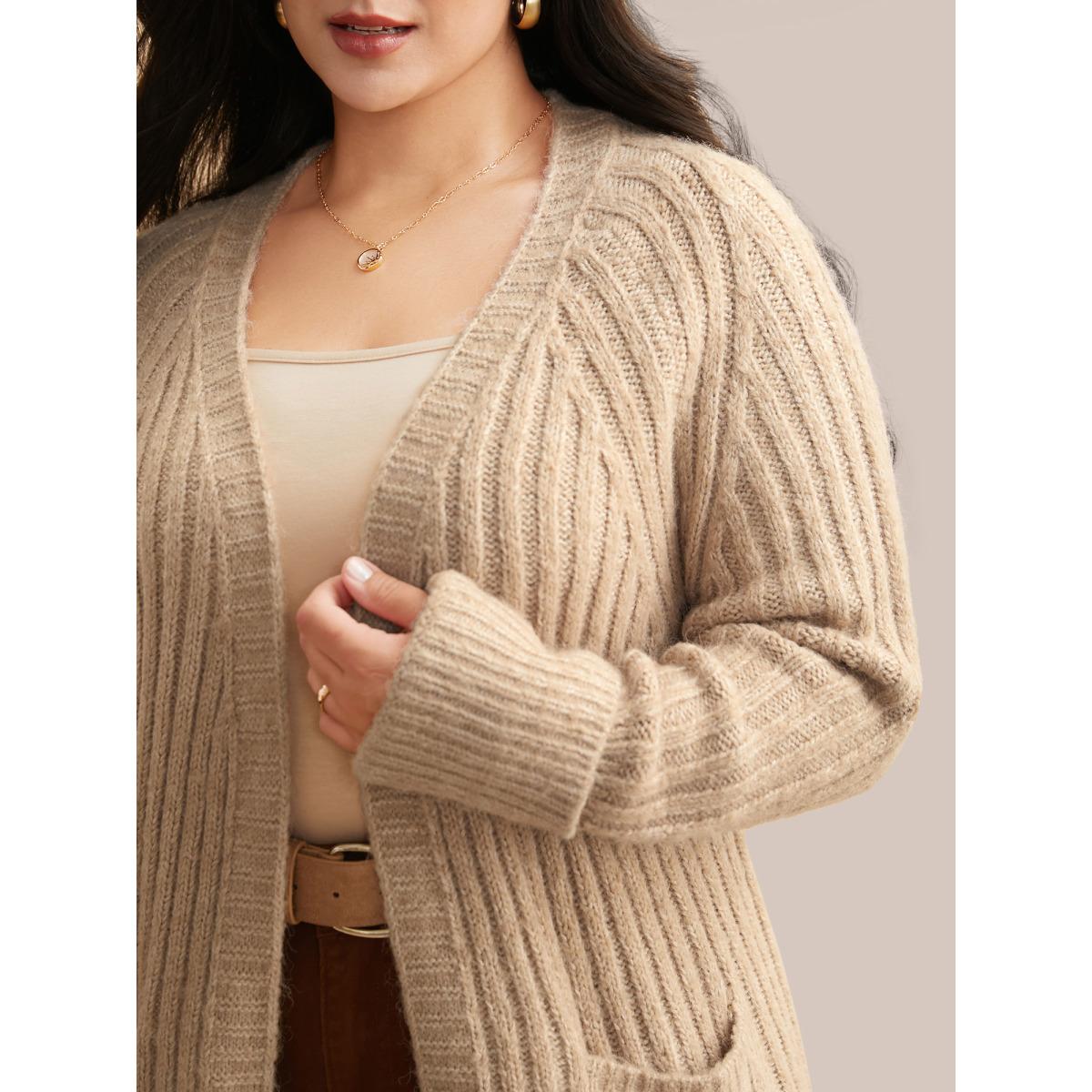 Plus Size Airy Cozy Solid Raglan Sleeve Wool Cardigan LightBrown Women Casual Loose Long Sleeve Everyday Cardigans BloomChic 30/6X Product Image