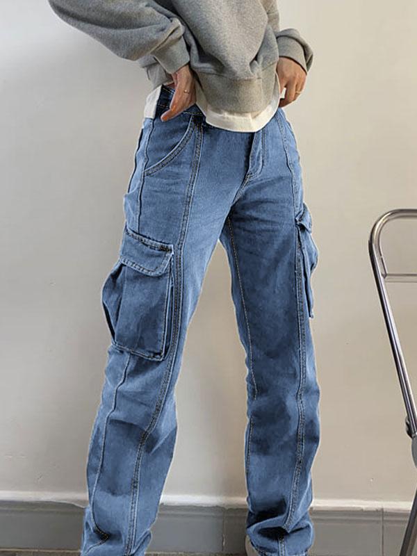 Washed Mid Waist Pocket Cargo Jeans Product Image
