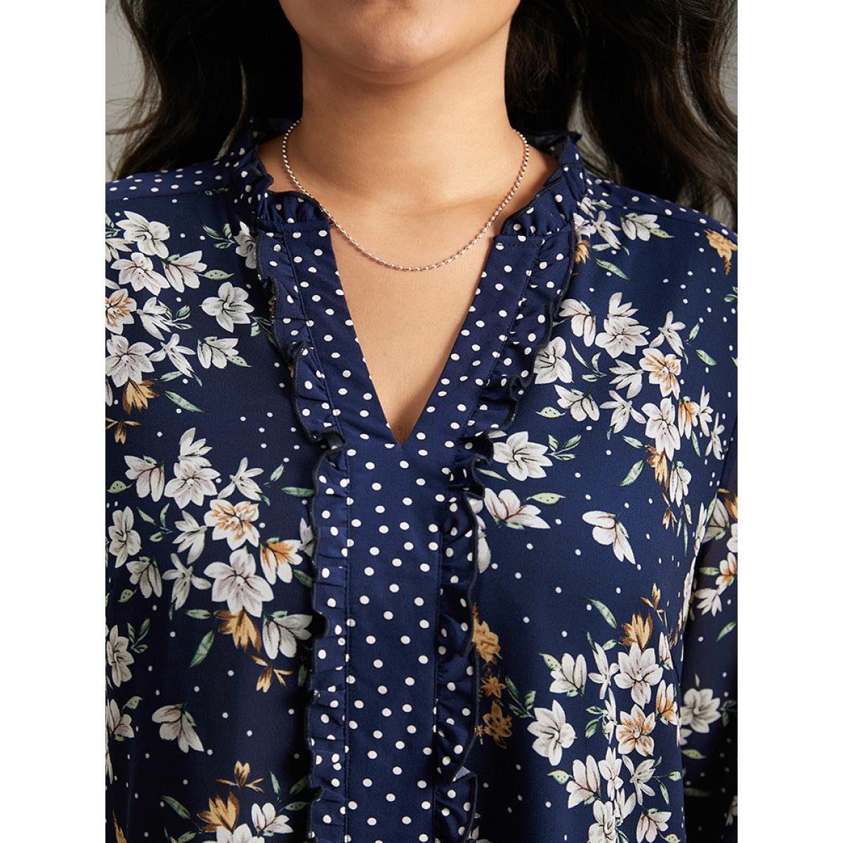 Plus Size DarkBlue Chiffon Floral Polka Dot Patchwork Frill Trim Mesh Blouse Women Elegant Long Sleeve V-neck Dailywear Blouses BloomChic 18-20/2X Product Image