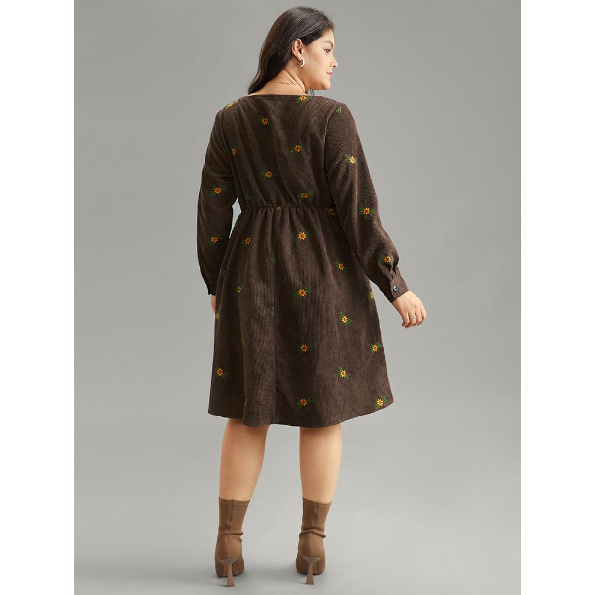 Plus Size Ditsy Floral Embroidered Corduroy Square Neck Dress DarkBrown Women Elegant Elastic cuffs Square Neck Long Sleeve Curvy Midi Dress BloomChic 10/M Product Image