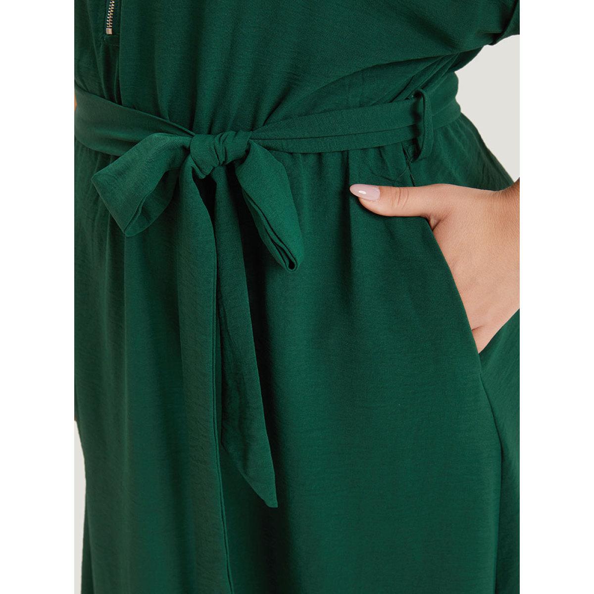 Plus Size Plain Zipper Pocket Button Detail Belted Roll Dress DarkGreen Women Office Plain Round Neck Short sleeve Curvy Midi Dress BloomChic 22-24/3X Product Image