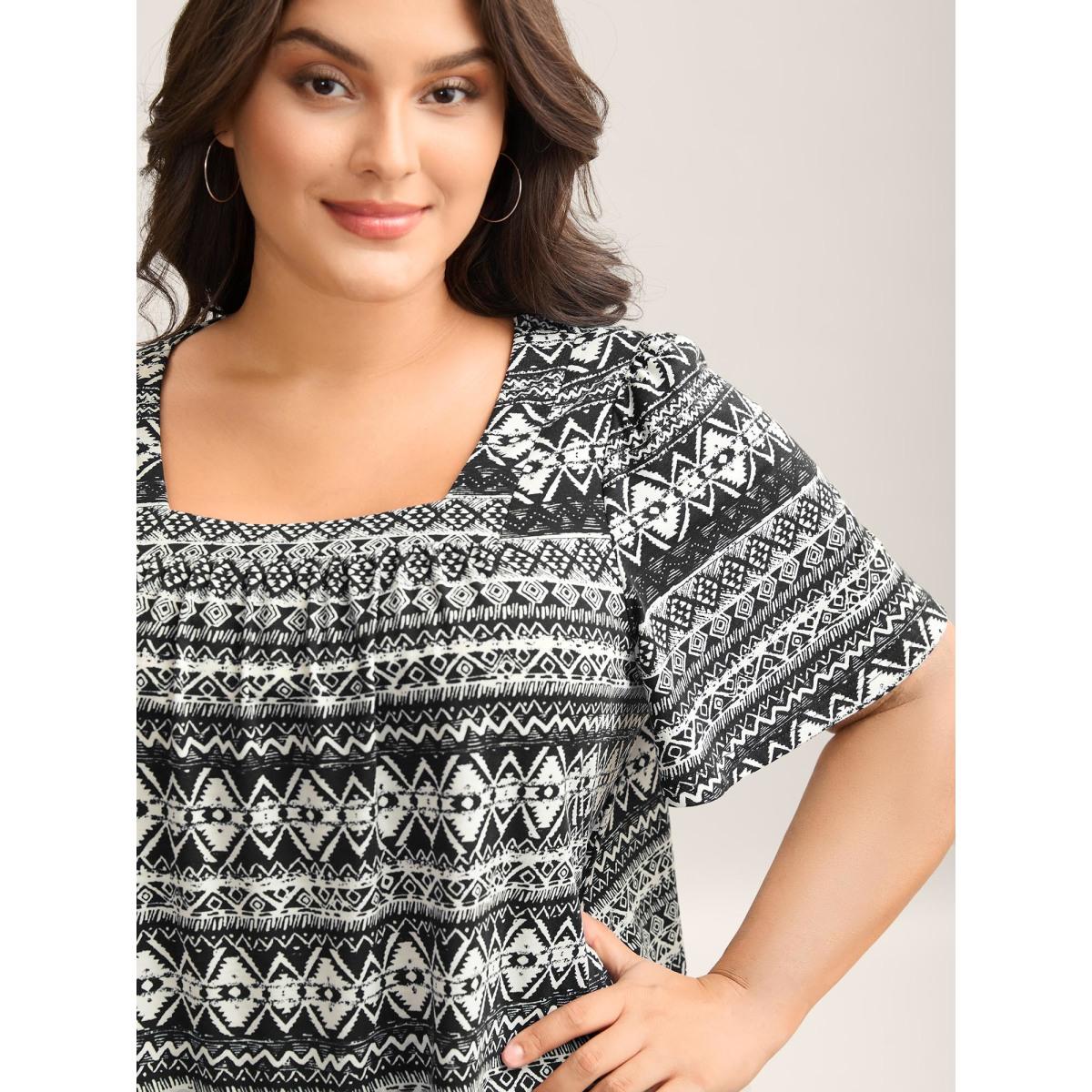 Plus Size Boho Print Square Neck T-Shirt Black Women Gathered Square Neck Everyday-Casual T-shirts BloomChic 22-24/3X Product Image