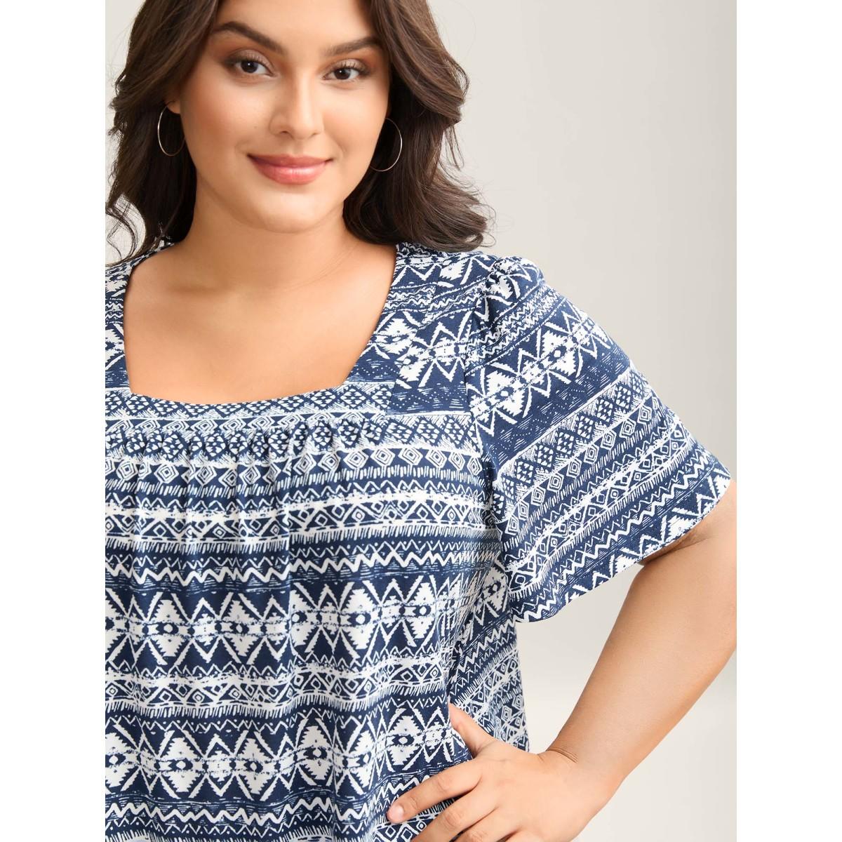 Plus Size Boho Print Square Neck T-Shirt Indigo Women Leisure Gathered Square Neck Casual T-shirts BloomChic 18-20/2X Product Image