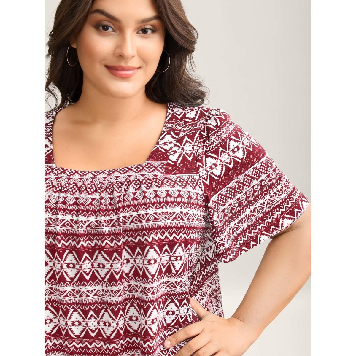 Plus Size Boho Print Square Neck T-Shirt Scarlet Women Leisure Gathered Square Neck Casual T-shirts BloomChic 12/L Product Image