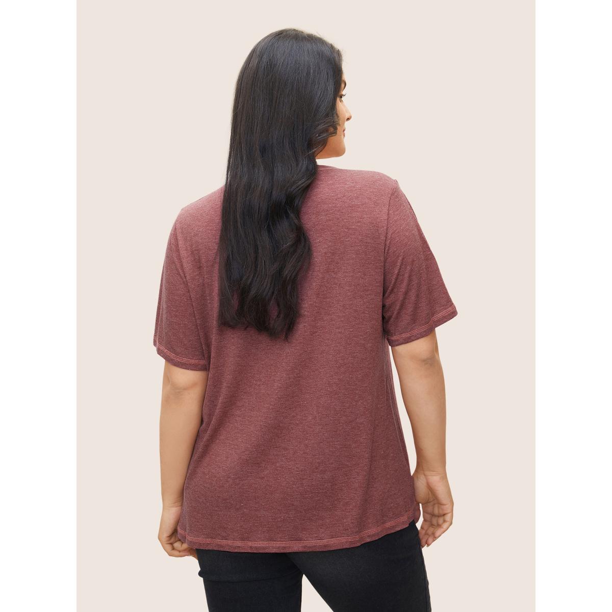 Plus Size Solid Crisscross Neck Contrast Stitch T-shirt Russet Women Leisure Plain V-neck Casual T-shirts BloomChic 12/L Product Image
