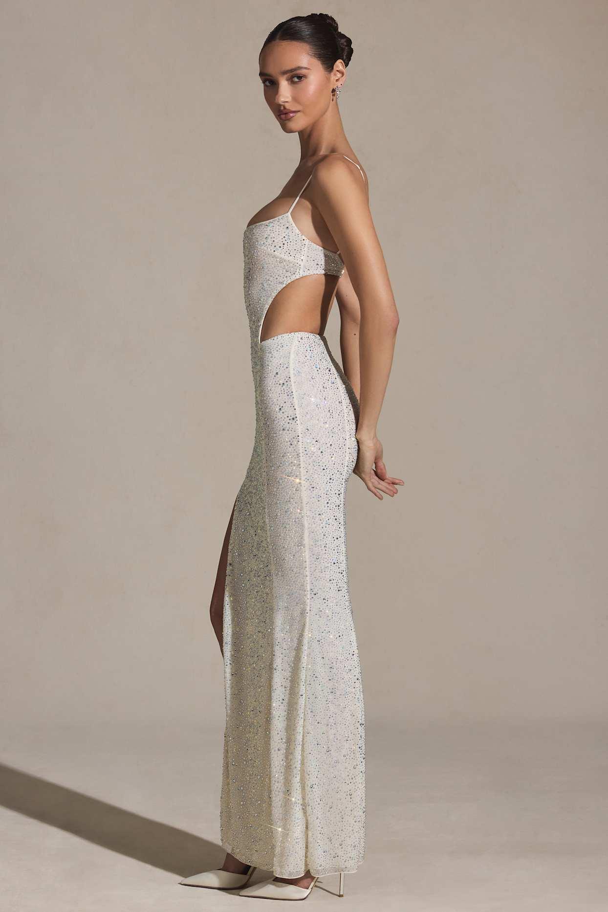 Embellished Cut-Out Fishtail Maxi Dress in White Product Image