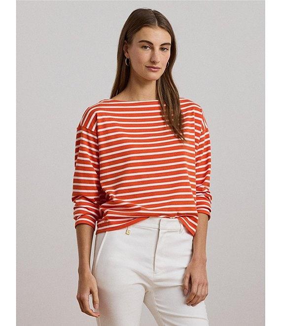 Lauren Ralph Lauren Cotton Jersey Stripe Boat Neck Long Sleeve Top Product Image
