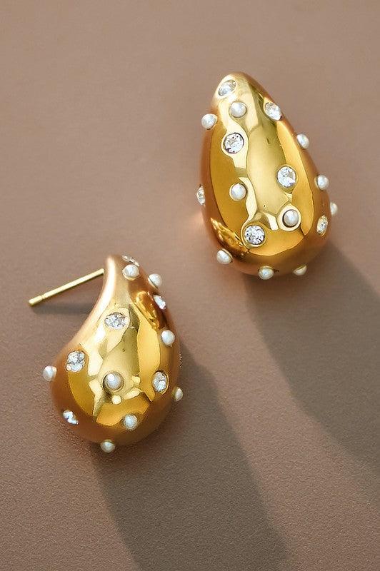 Pearl & Rhinestone Studded Raindrop Earrings Product Image