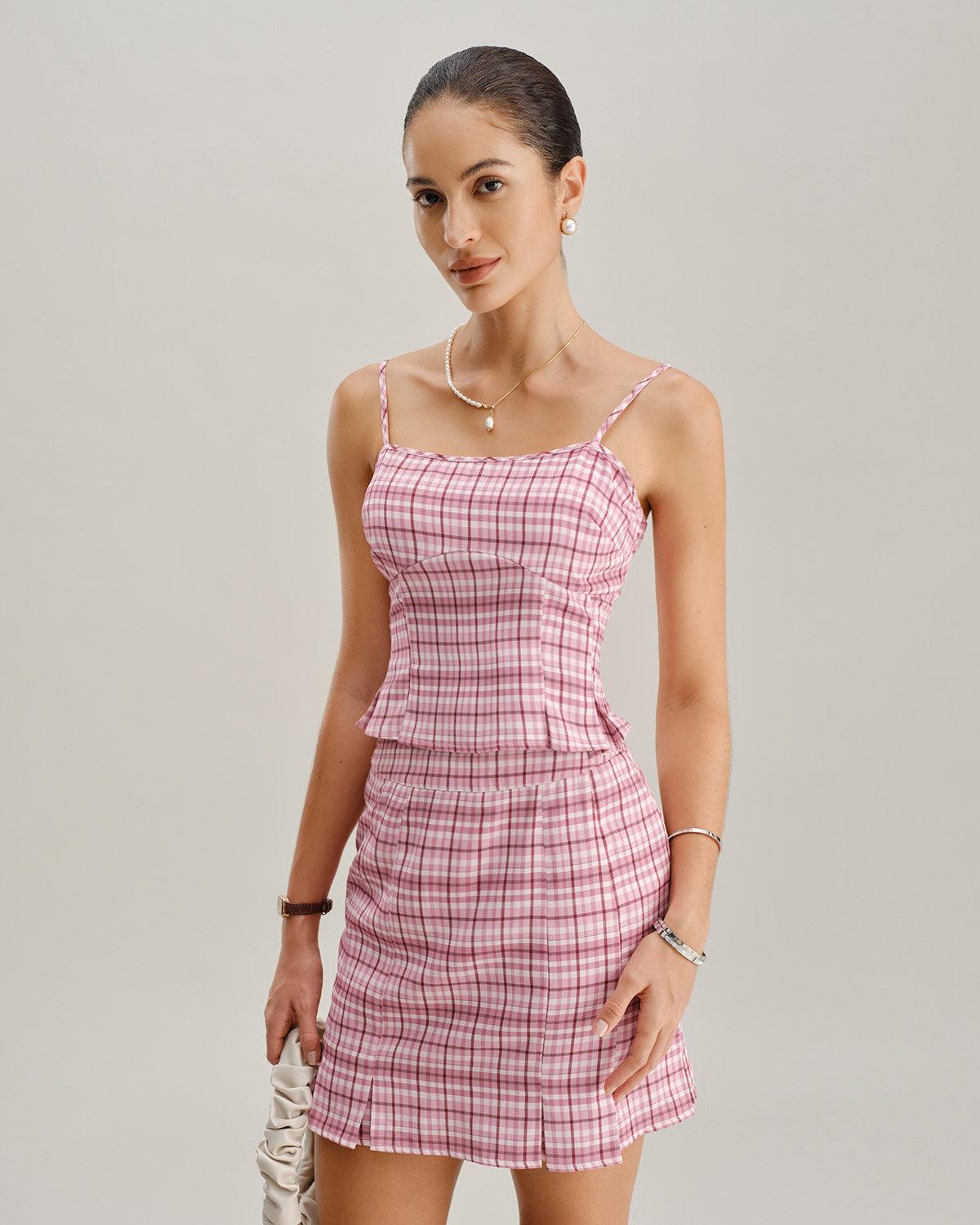 Pink Plaid Straight Mini Skirt Product Image
