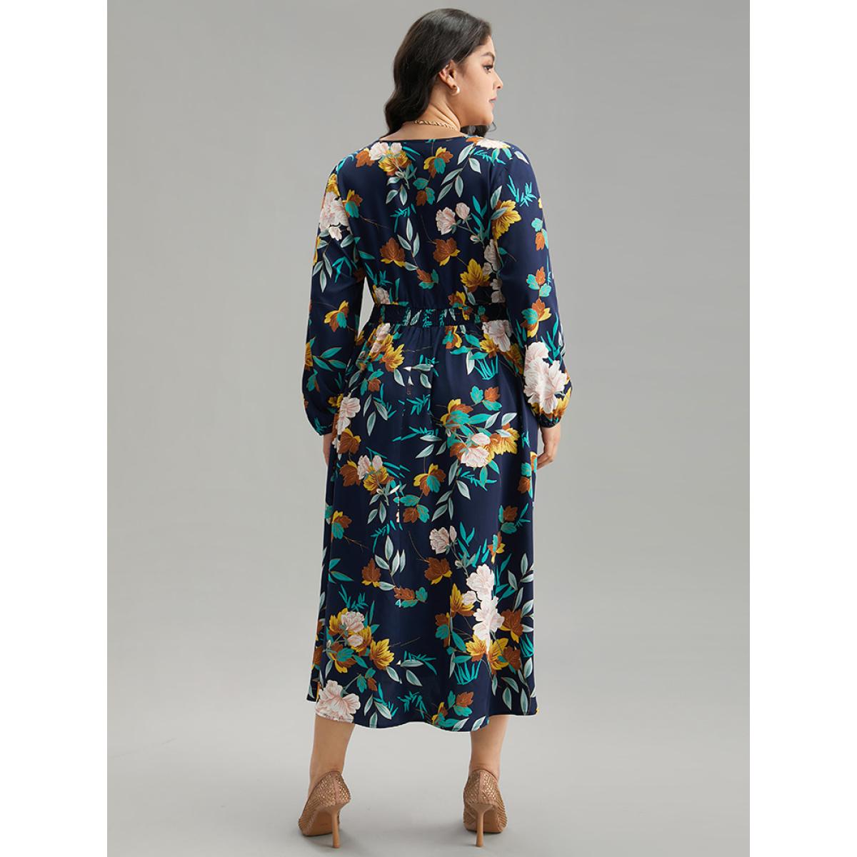 Plus Size Floral Print Shirred Lantern Sleeve Dress DarkBlue Women Elegant Elastic cuffs V-neck Long Sleeve Curvy Midi Dress BloomChic 28/5X Product Image