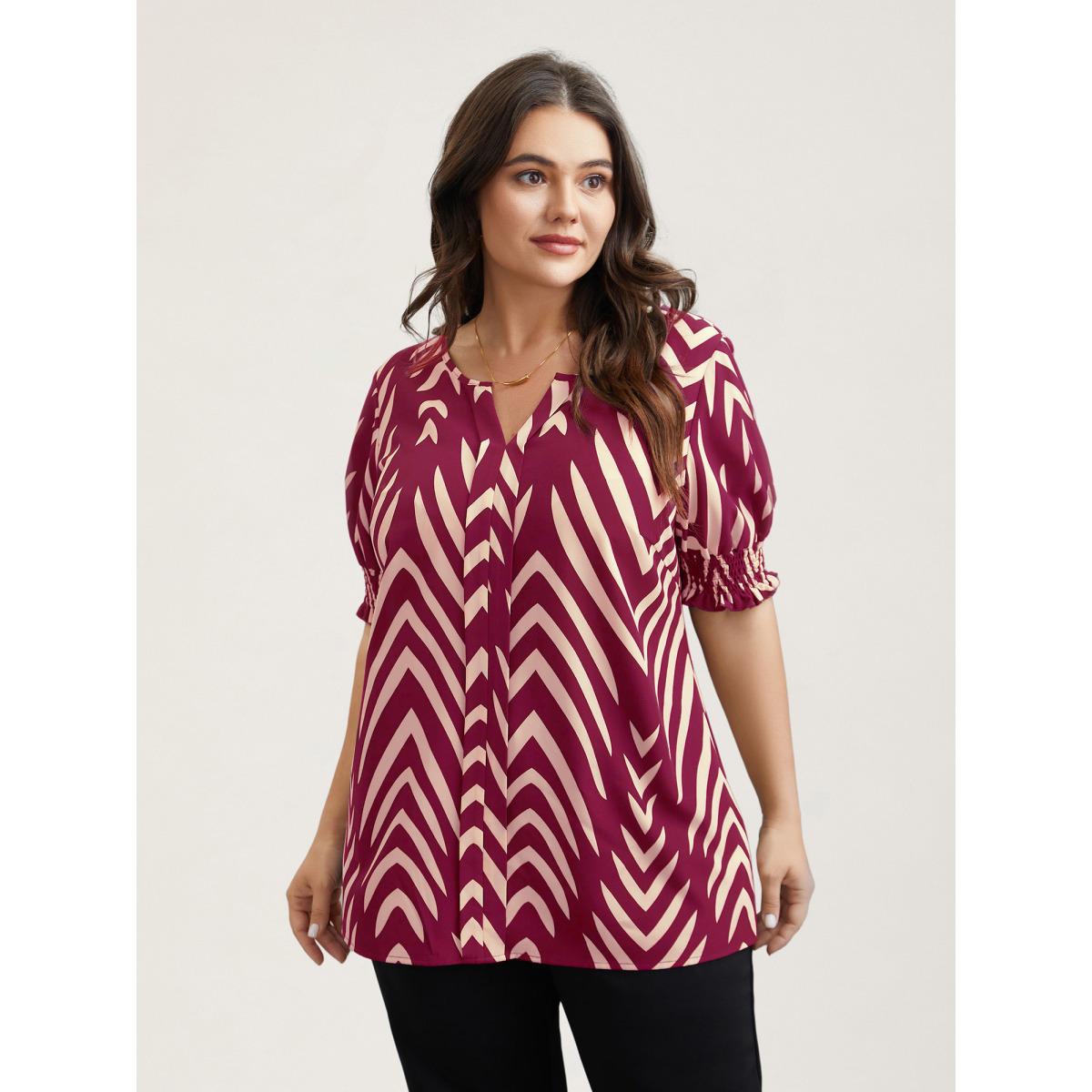 Plus Size Black Geometric Print Ruffled Shirred Shirt Women Office Half Sleeve Flat collar with V-notch Office Blouses BloomChic 26/4X Product Image