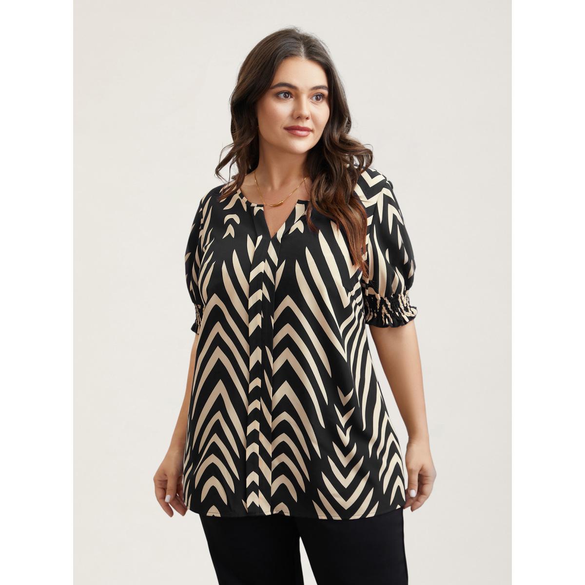 Plus Size Black Geometric Print Ruffled Shirred Shirt Women Office Half Sleeve Flat collar with V-notch Office Blouses BloomChic 26/4X Product Image