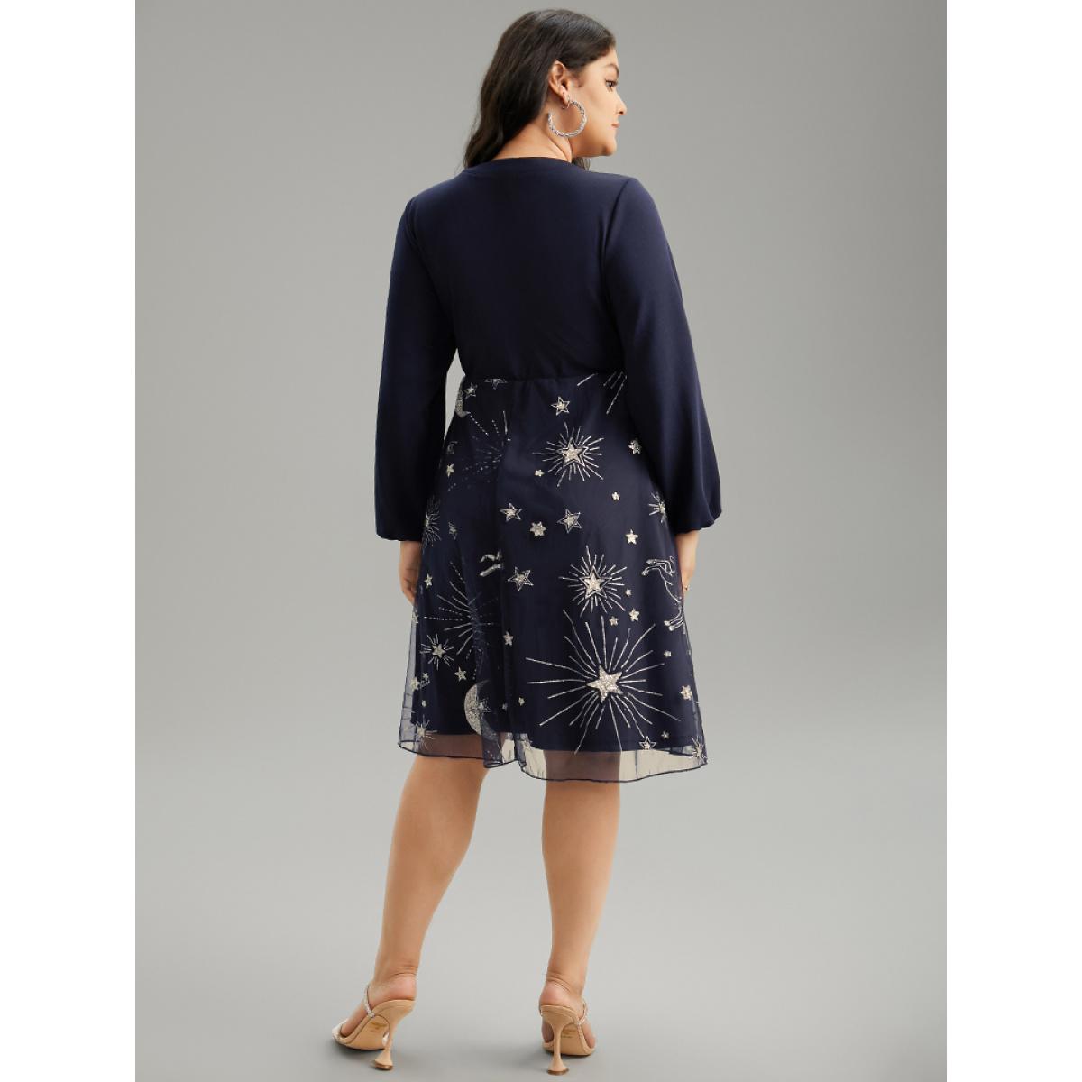 Plus Size Star Glitter Mesh Patchwork Notched Dress Midnight Women Party Elastic cuffs Notched collar Long Sleeve Curvy Midi Dress BloomChic 10/M Product Image