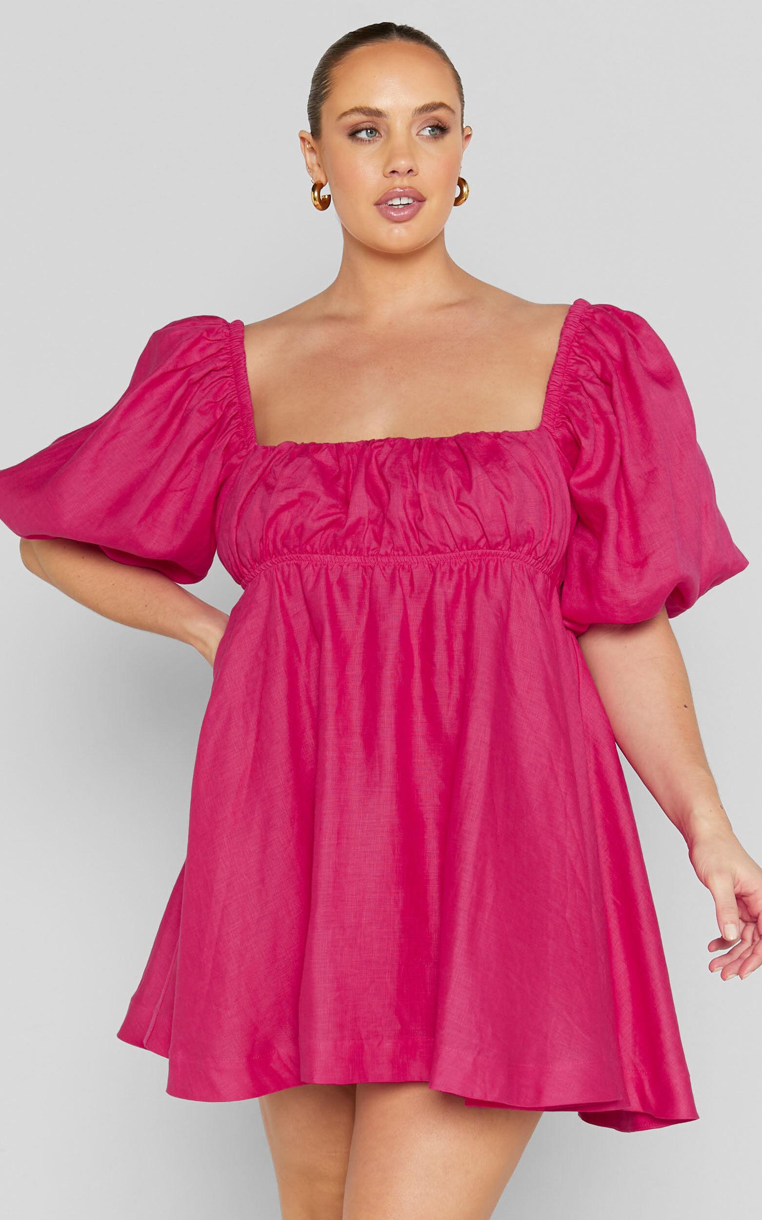 Amalie The Label - Hamyya Linen Tie Back Puff Sleeve Mini Linen Dress in Magenta Product Image