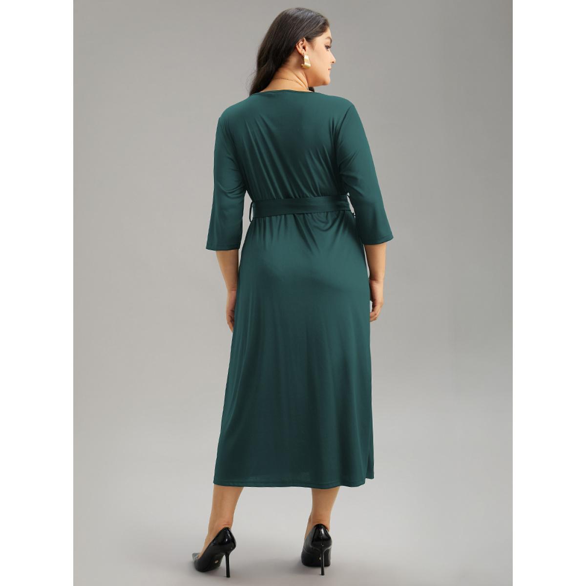 Plus Size Square Neck Metal Detail Belted Gathered Dress Cyan Women Office Plain Square Neck Elbow-length sleeve Curvy Midi Dress BloomChic 30/6X Product Image