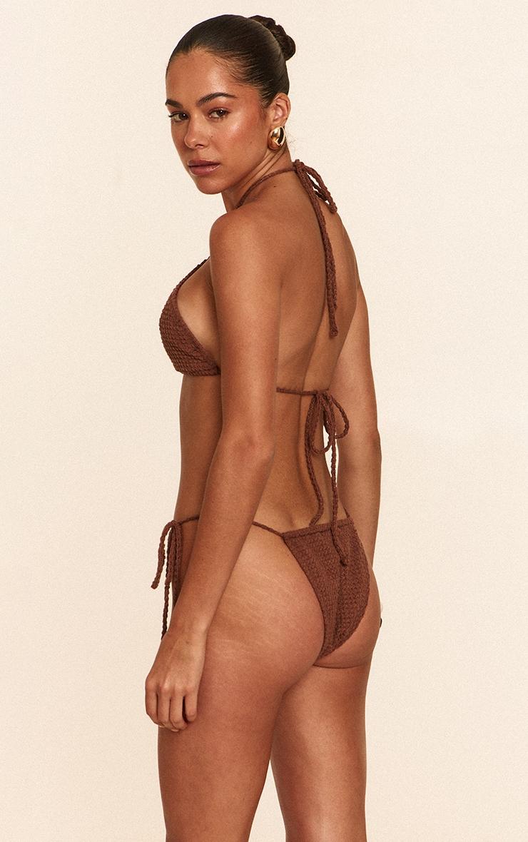  Mocha Crochet Bead Trim Halter Neck Bikini Top Product Image