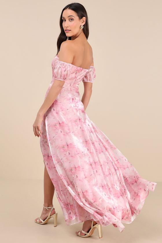 Idyllic Charisma Light Pink Floral Off-the-Shoulder Maxi Dress Product Image