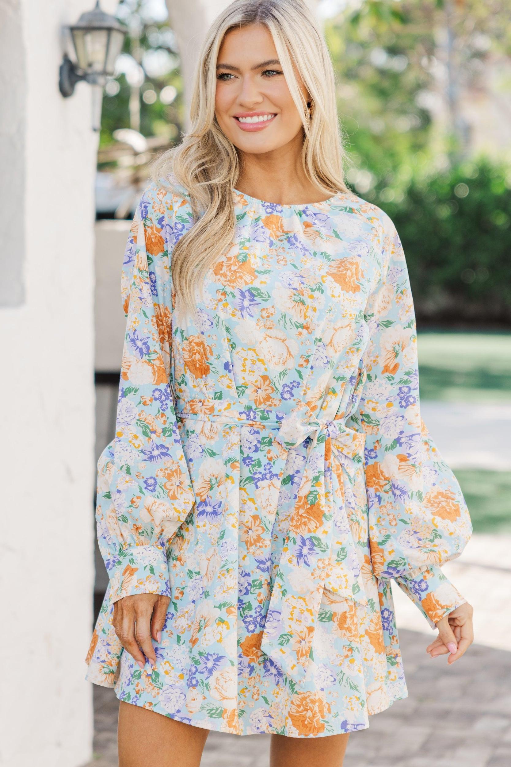 In Your Love Light Blue Floral Tied Waist Dress Female Product Image