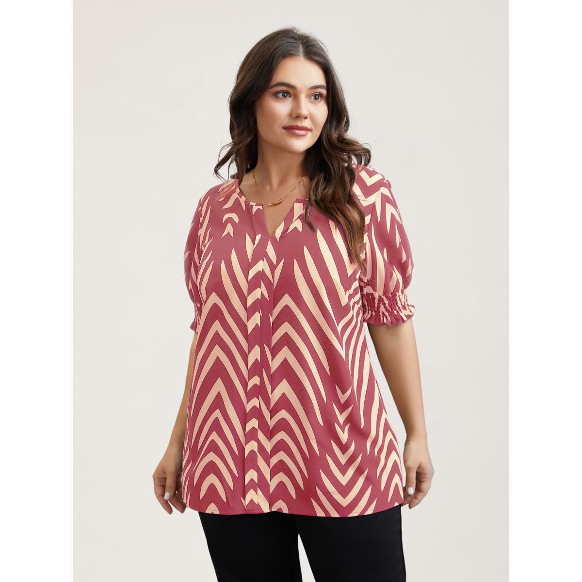 Plus Size Peach Geometric Print Ruffled Shirred Shirt Women At the Office Half Sleeve Flat collar with V-notch Work Blouses BloomChic 22-24/3X Product Image