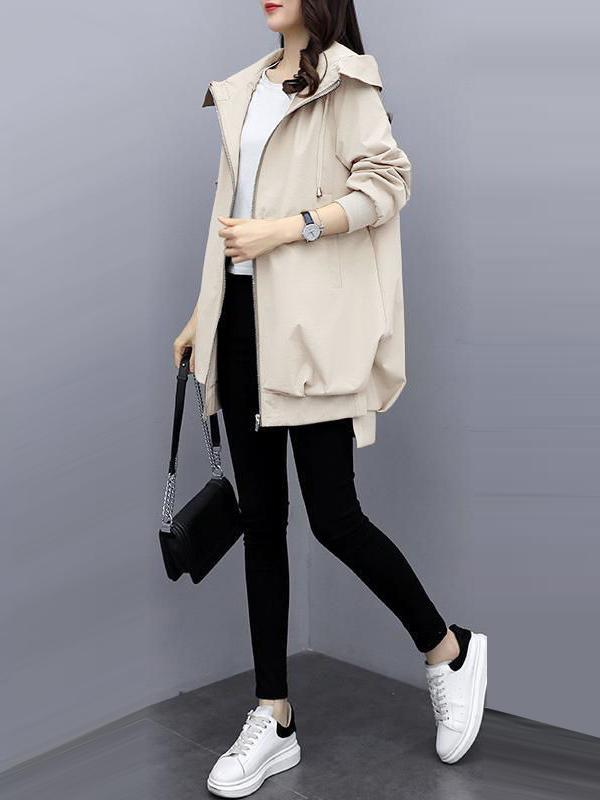 Casual Loose 4 Colors Pleated Zipper Hooded Long Sleeves Outwear Product Image