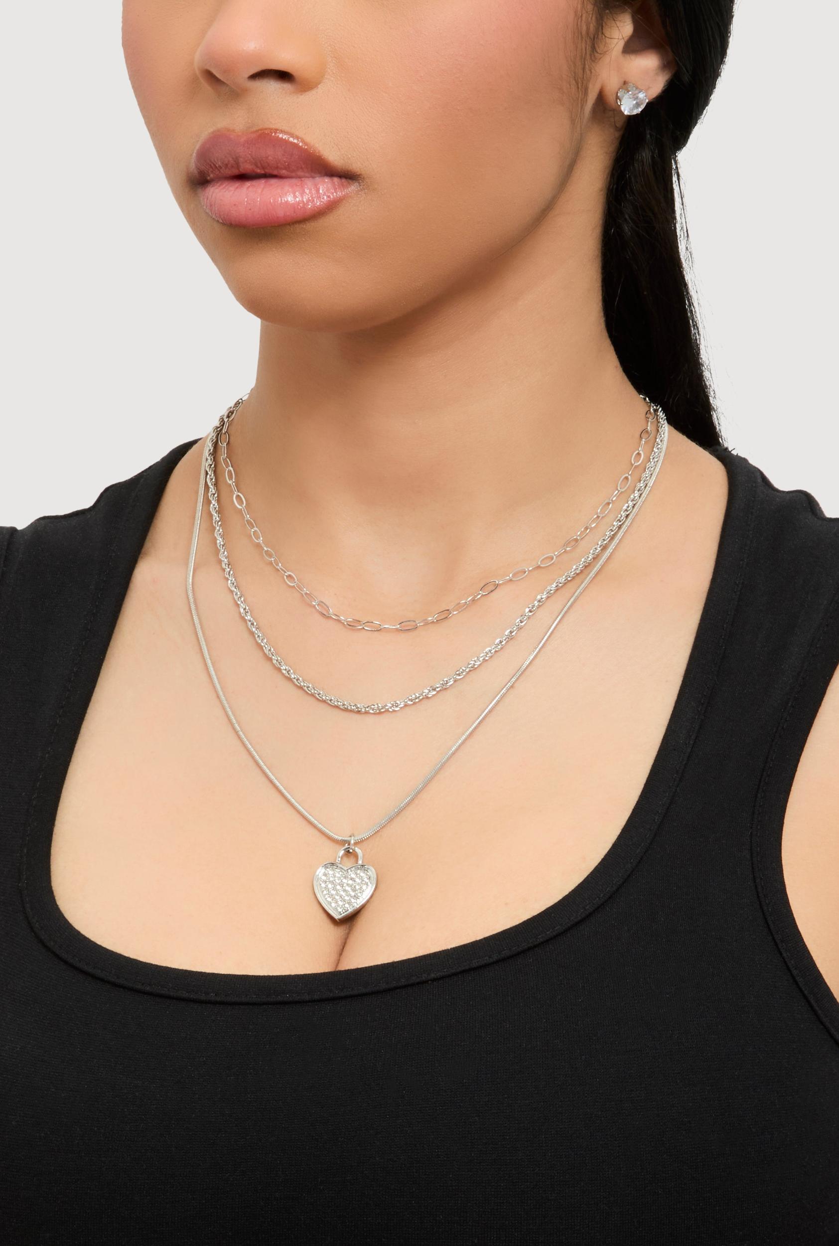 Cubic Zirconia Heart Charm Layered Necklace and Stud Earrings Unisex Product Image