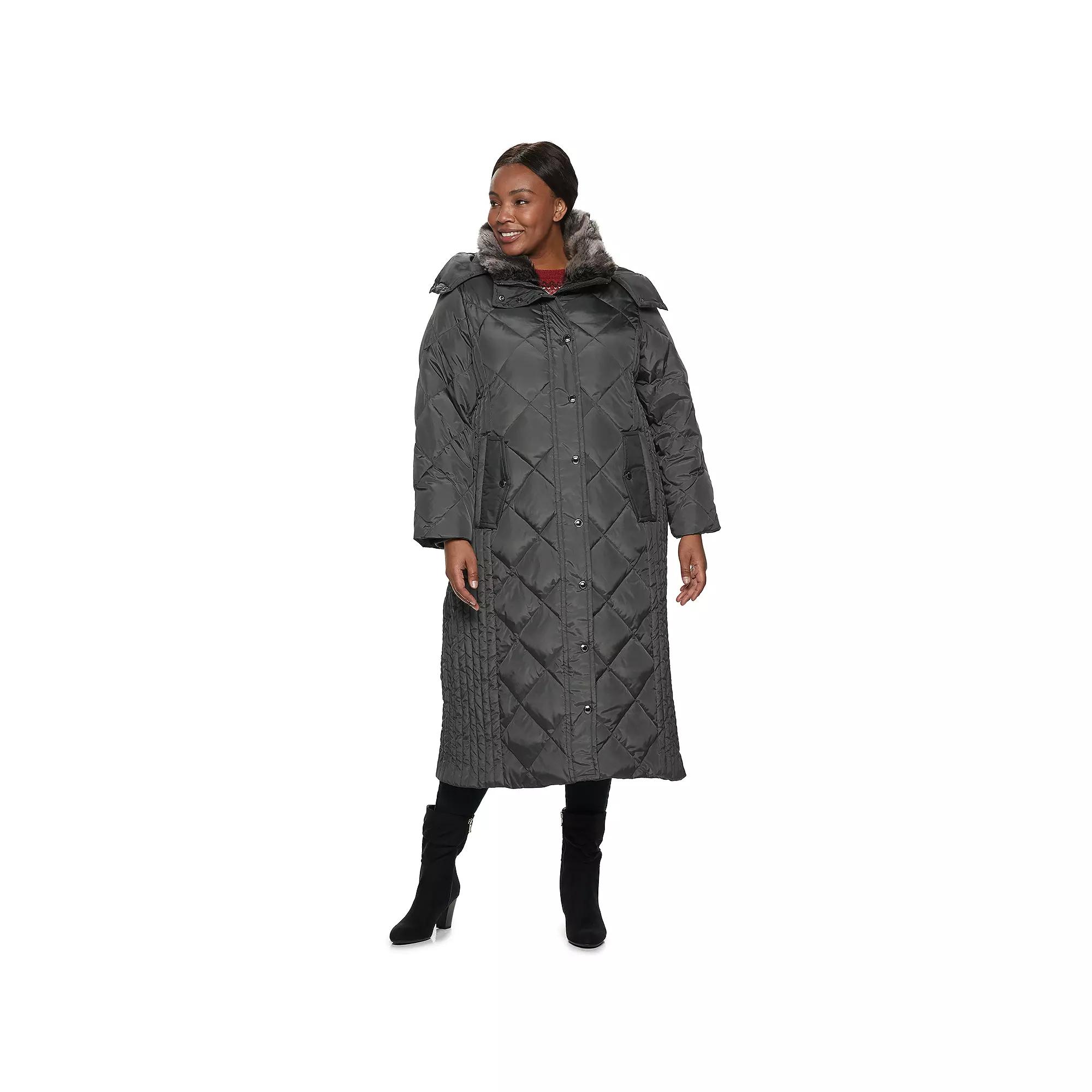 Plus Size TOWER by London Fog Hooded Quilted Puffer Maxi Coat, Women's, Size: 3XL, Grey Product Image