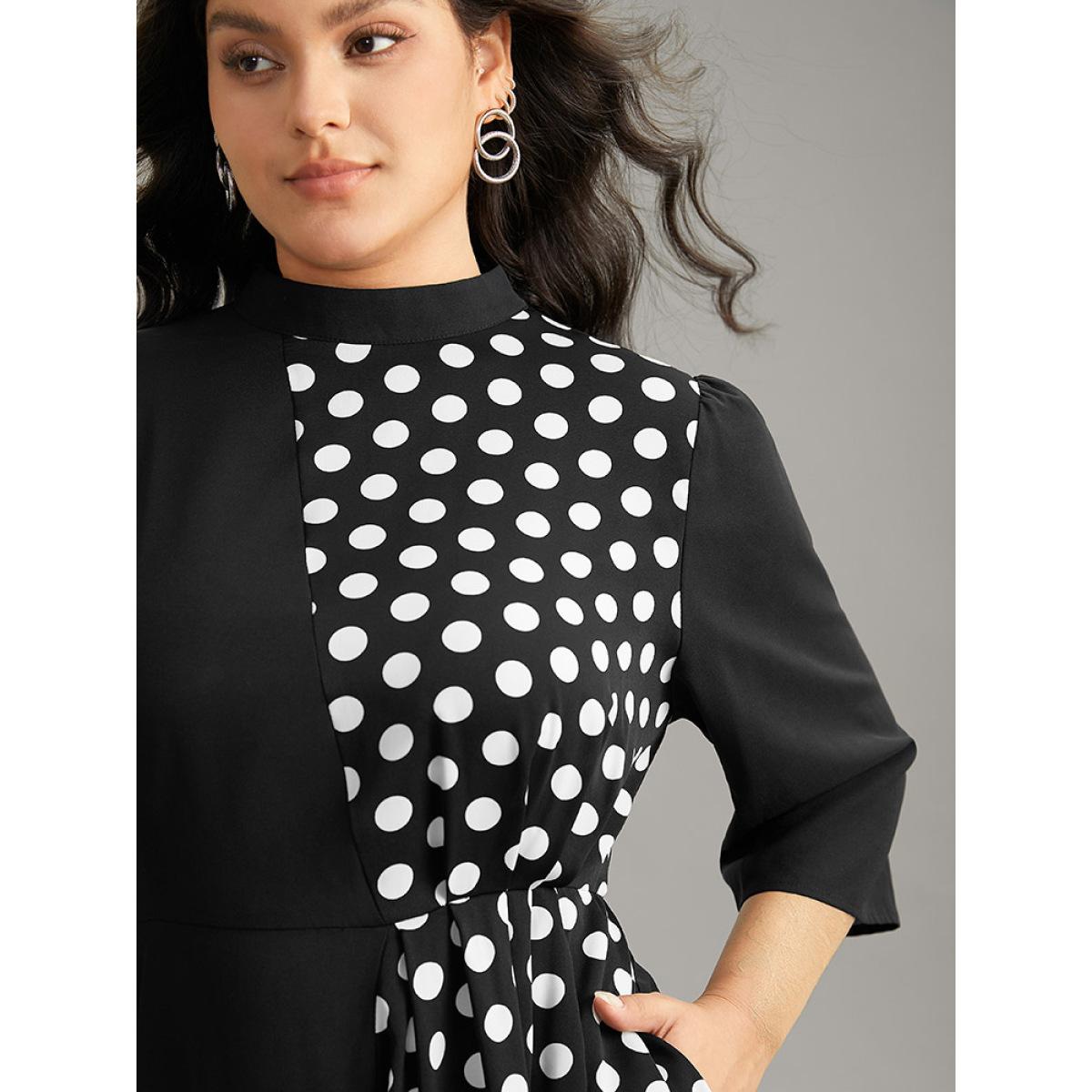 Plus Size Polka Dot Patchwork Mock Neck Elastic Waist Dress Black Women At the Office Contrast Mock Neck Elbow-length sleeve Curvy Midi Dress BloomChic 22-24/3X Product Image