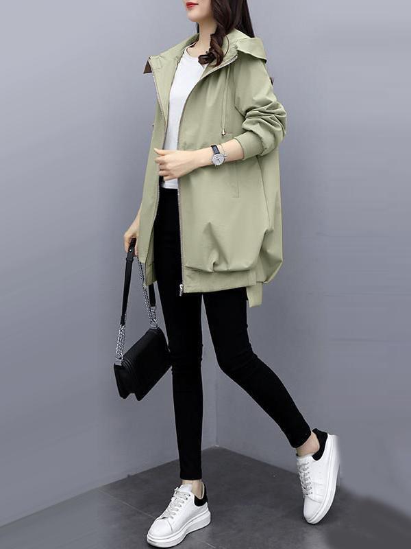 Casual Loose 4 Colors Pleated Zipper Hooded Long Sleeves Outwear Product Image